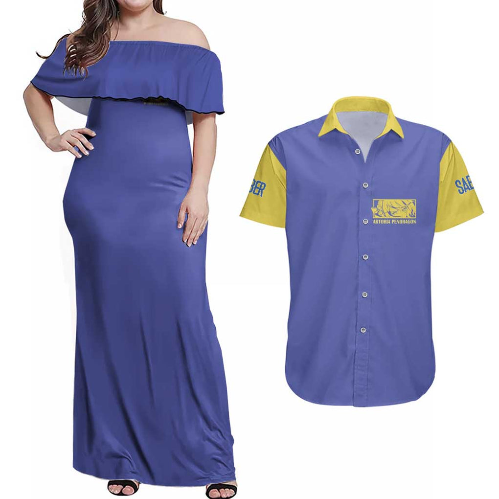 Saber Fate Stay Night Unlimited Blade Works Couples Matching Off Shoulder Maxi Dress and Hawaiian Shirt Anime Style