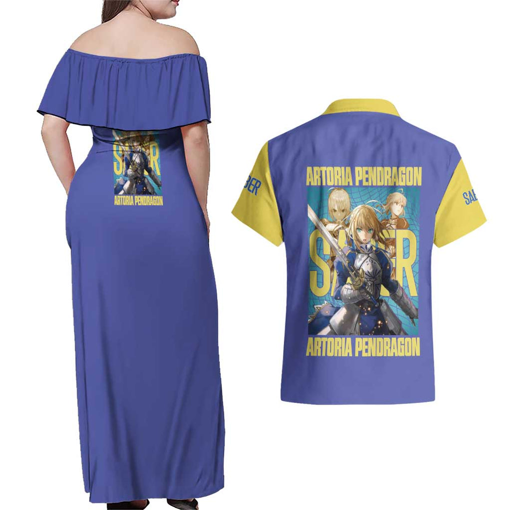 Saber Fate Stay Night Unlimited Blade Works Couples Matching Off Shoulder Maxi Dress and Hawaiian Shirt Anime Style