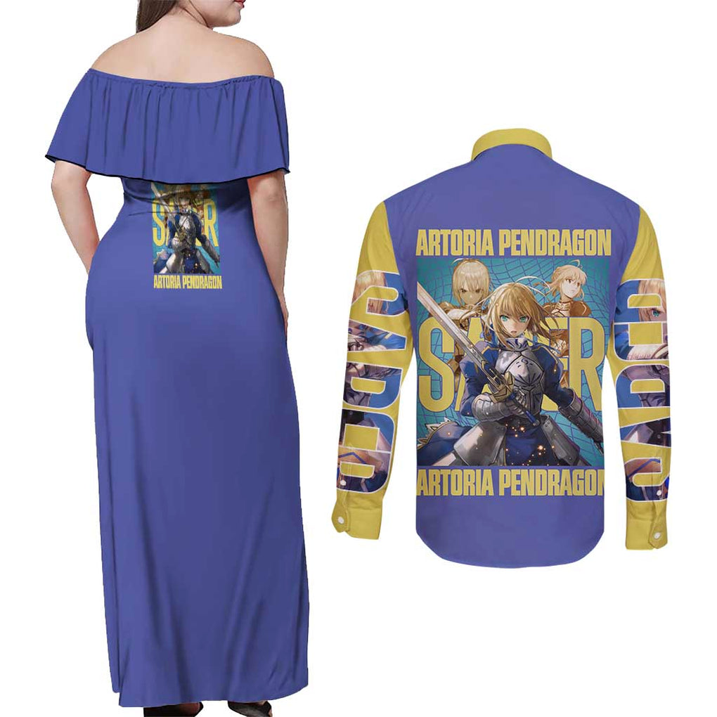 Saber Fate Stay Night Unlimited Blade Works Couples Matching Off Shoulder Maxi Dress and Long Sleeve Button Shirt Anime Style