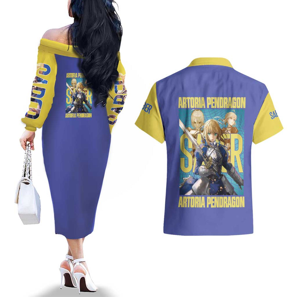 Saber Fate Stay Night Unlimited Blade Works Couples Matching Off The Shoulder Long Sleeve Dress and Hawaiian Shirt Anime Style