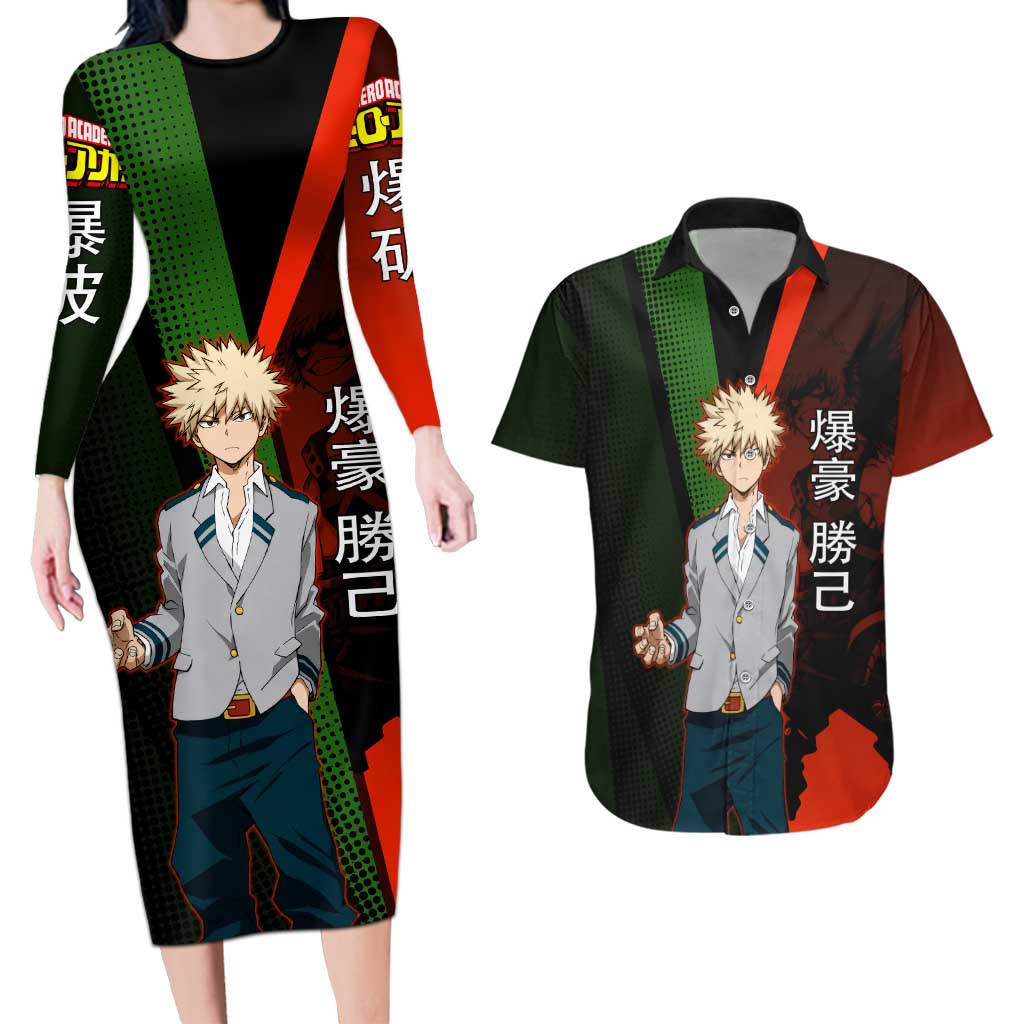 Katsuki Bakugo Dynamight Couples Matching Long Sleeve Bodycon Dress and Hawaiian Shirt Japanese Comic Book Style