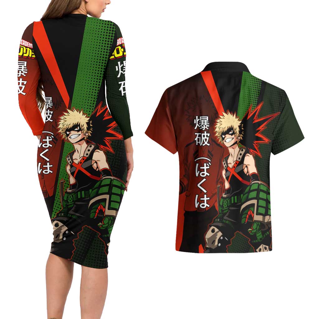 Katsuki Bakugo Dynamight Couples Matching Long Sleeve Bodycon Dress and Hawaiian Shirt Japanese Comic Book Style