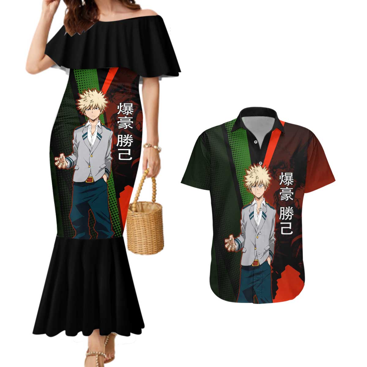 Katsuki Bakugo Dynamight Couples Matching Mermaid Dress and Hawaiian Shirt Japanese Comic Book Style