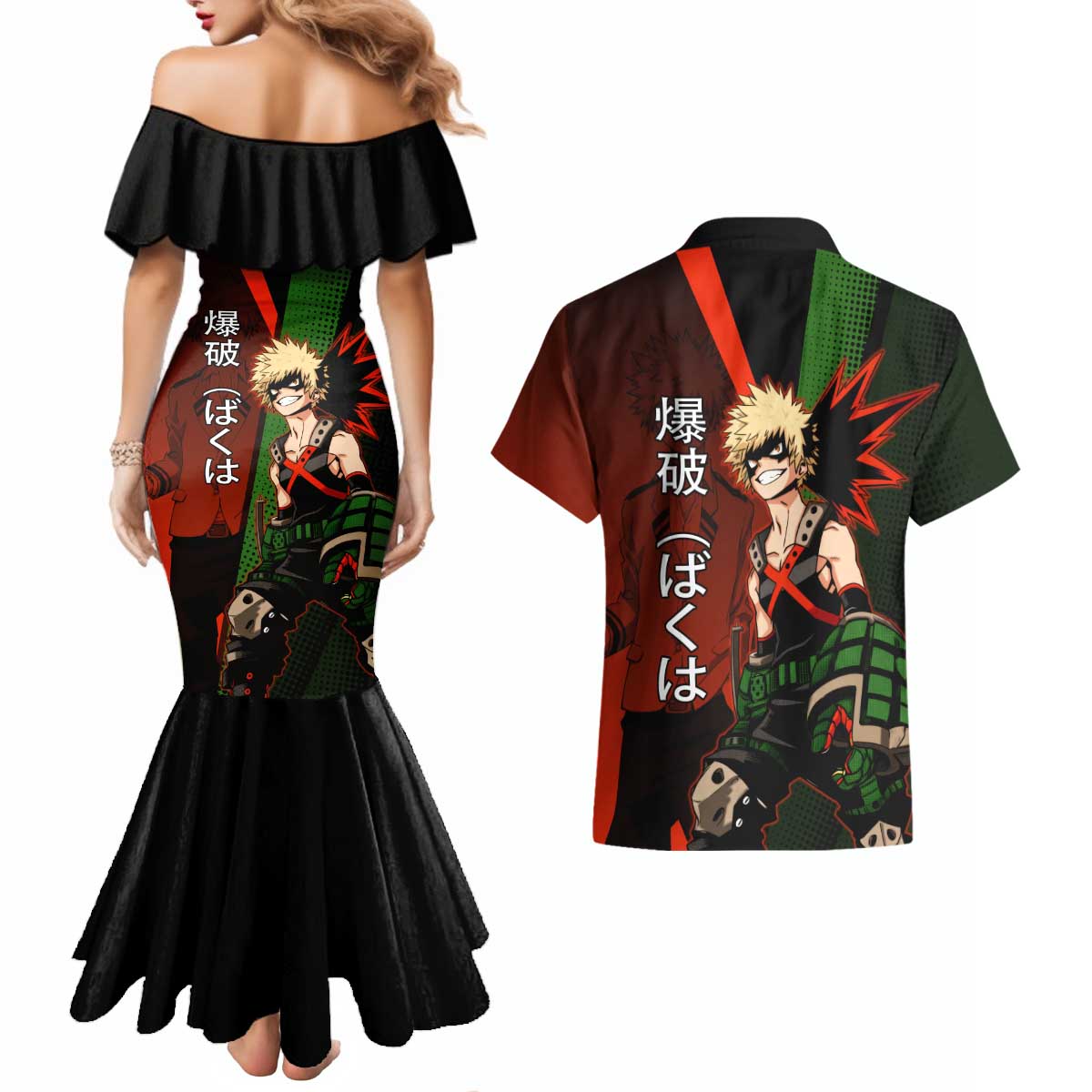 Katsuki Bakugo Dynamight Couples Matching Mermaid Dress and Hawaiian Shirt Japanese Comic Book Style