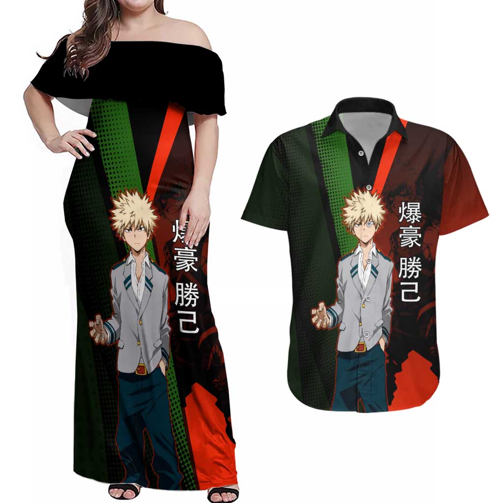 Katsuki Bakugo Dynamight Couples Matching Off Shoulder Maxi Dress and Hawaiian Shirt Japanese Comic Book Style