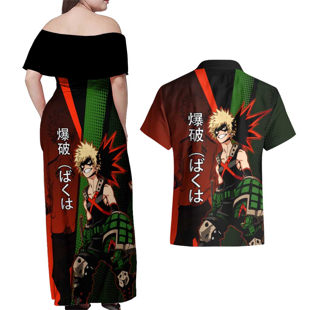 Katsuki Bakugo Dynamight Couples Matching Off Shoulder Maxi Dress and Hawaiian Shirt Japanese Comic Book Style