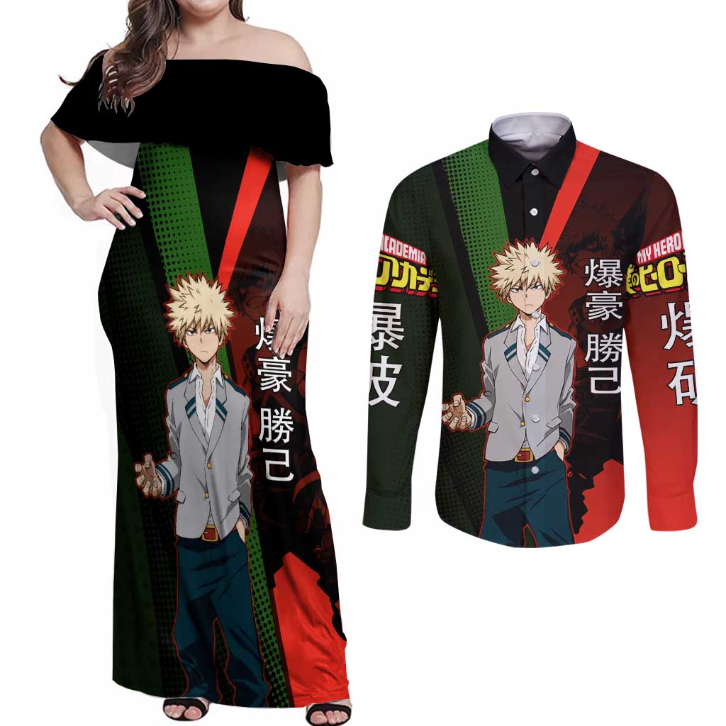 Katsuki Bakugo Dynamight Couples Matching Off Shoulder Maxi Dress and Long Sleeve Button Shirt Japanese Comic Book Style