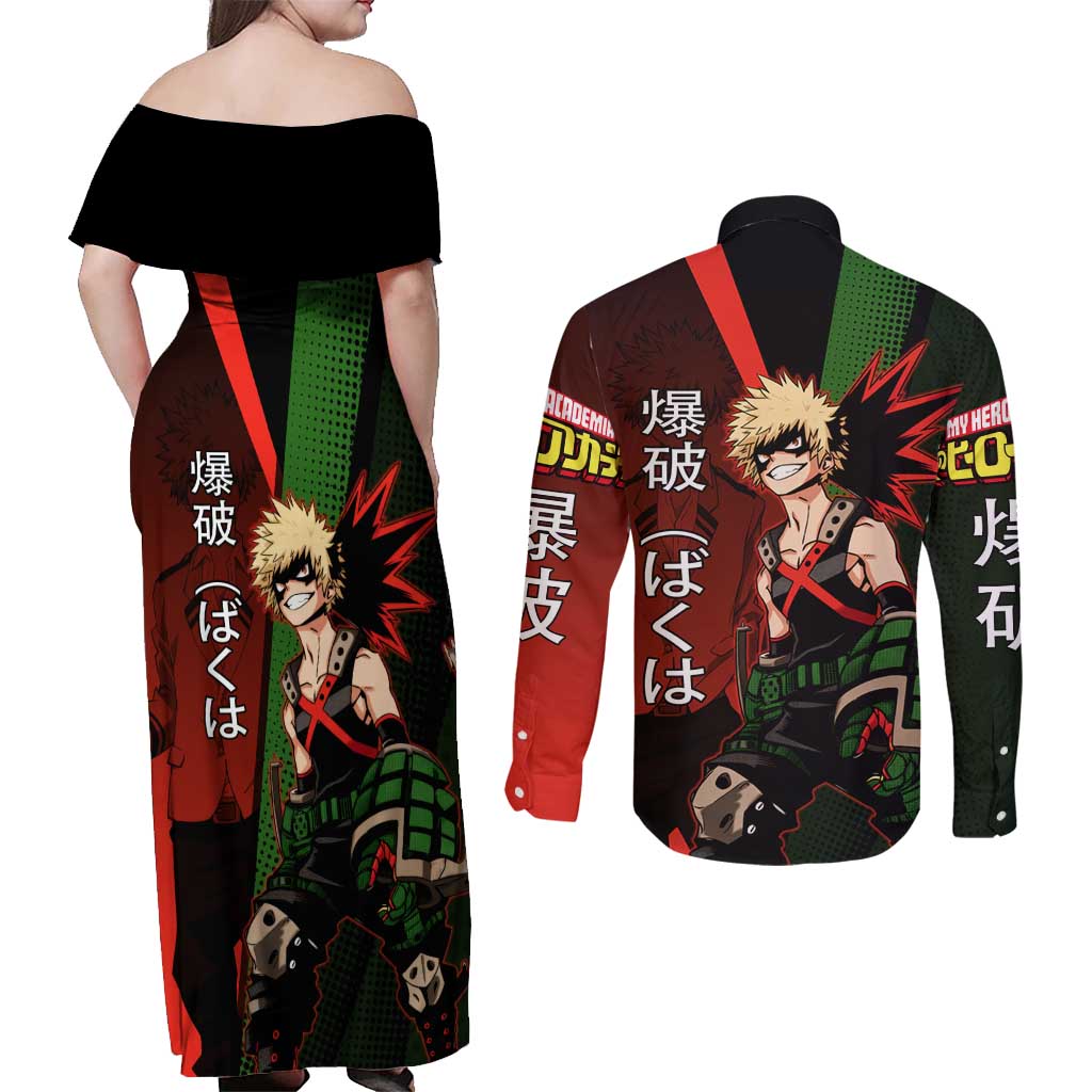Katsuki Bakugo Dynamight Couples Matching Off Shoulder Maxi Dress and Long Sleeve Button Shirt Japanese Comic Book Style