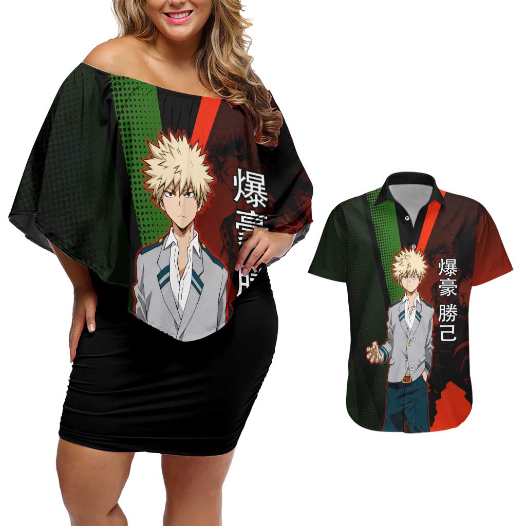 Katsuki Bakugo Dynamight Couples Matching Off Shoulder Short Dress and Hawaiian Shirt Japanese Comic Book Style