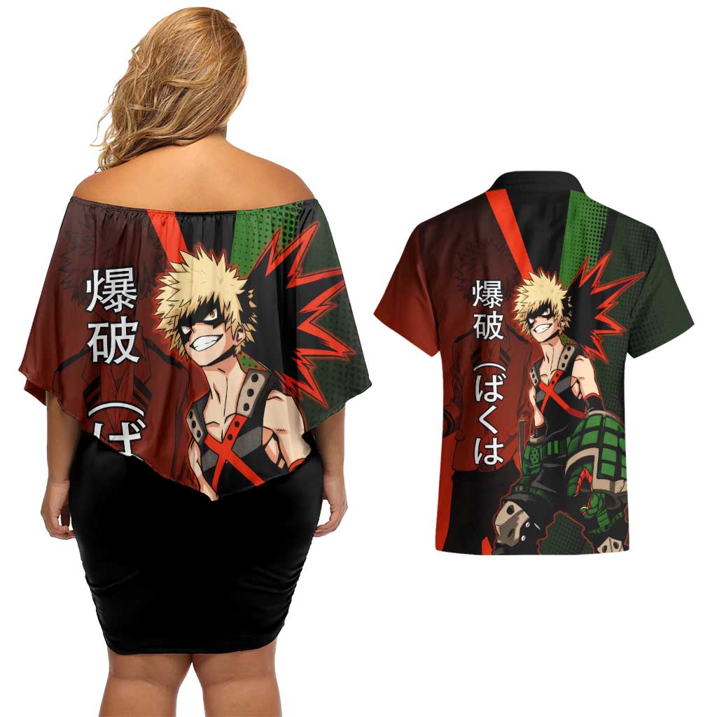 Katsuki Bakugo Dynamight Couples Matching Off Shoulder Short Dress and Hawaiian Shirt Japanese Comic Book Style