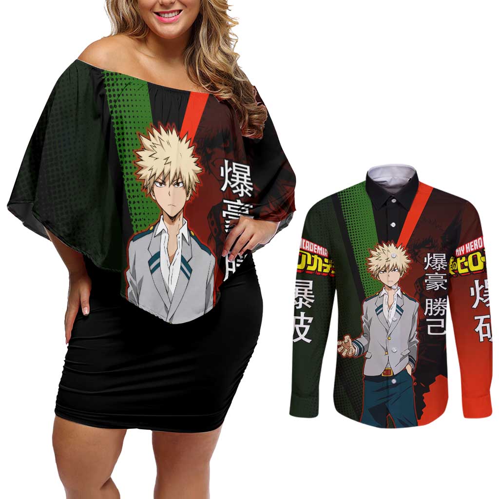 Katsuki Bakugo Dynamight Couples Matching Off Shoulder Short Dress and Long Sleeve Button Shirt Japanese Comic Book Style
