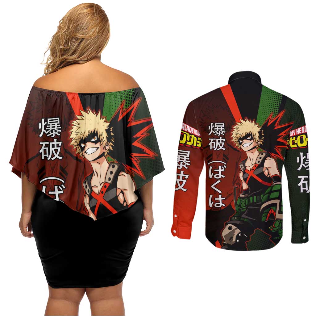 Katsuki Bakugo Dynamight Couples Matching Off Shoulder Short Dress and Long Sleeve Button Shirt Japanese Comic Book Style