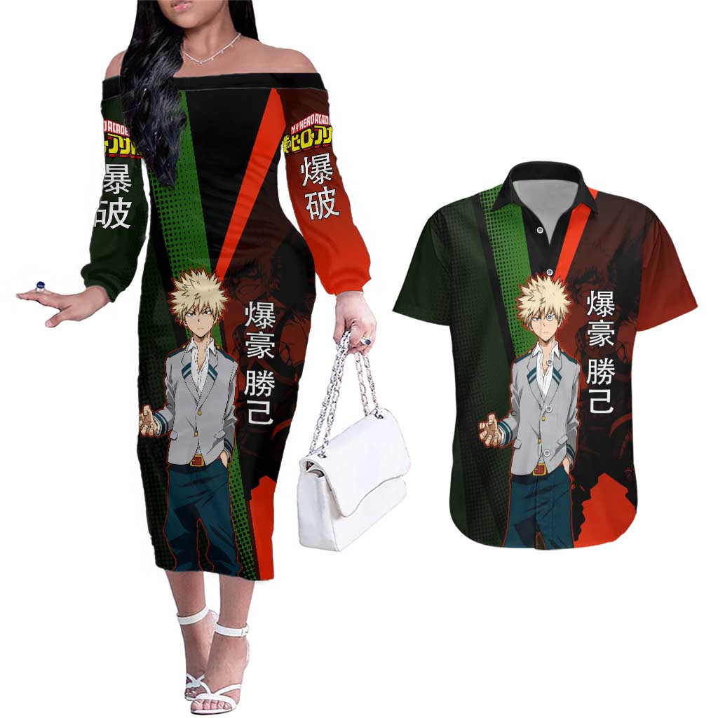 Katsuki Bakugo Dynamight Couples Matching Off The Shoulder Long Sleeve Dress and Hawaiian Shirt Japanese Comic Book Style