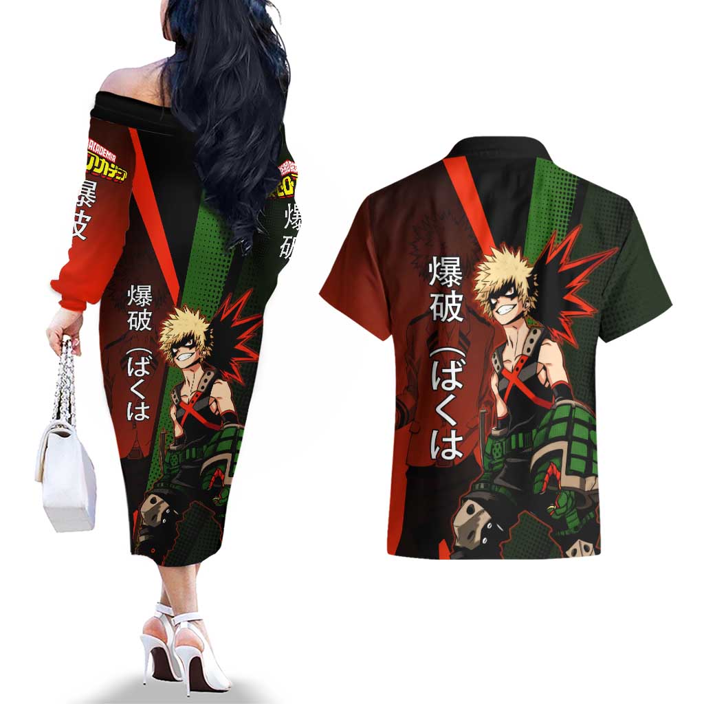 Katsuki Bakugo Dynamight Couples Matching Off The Shoulder Long Sleeve Dress and Hawaiian Shirt Japanese Comic Book Style