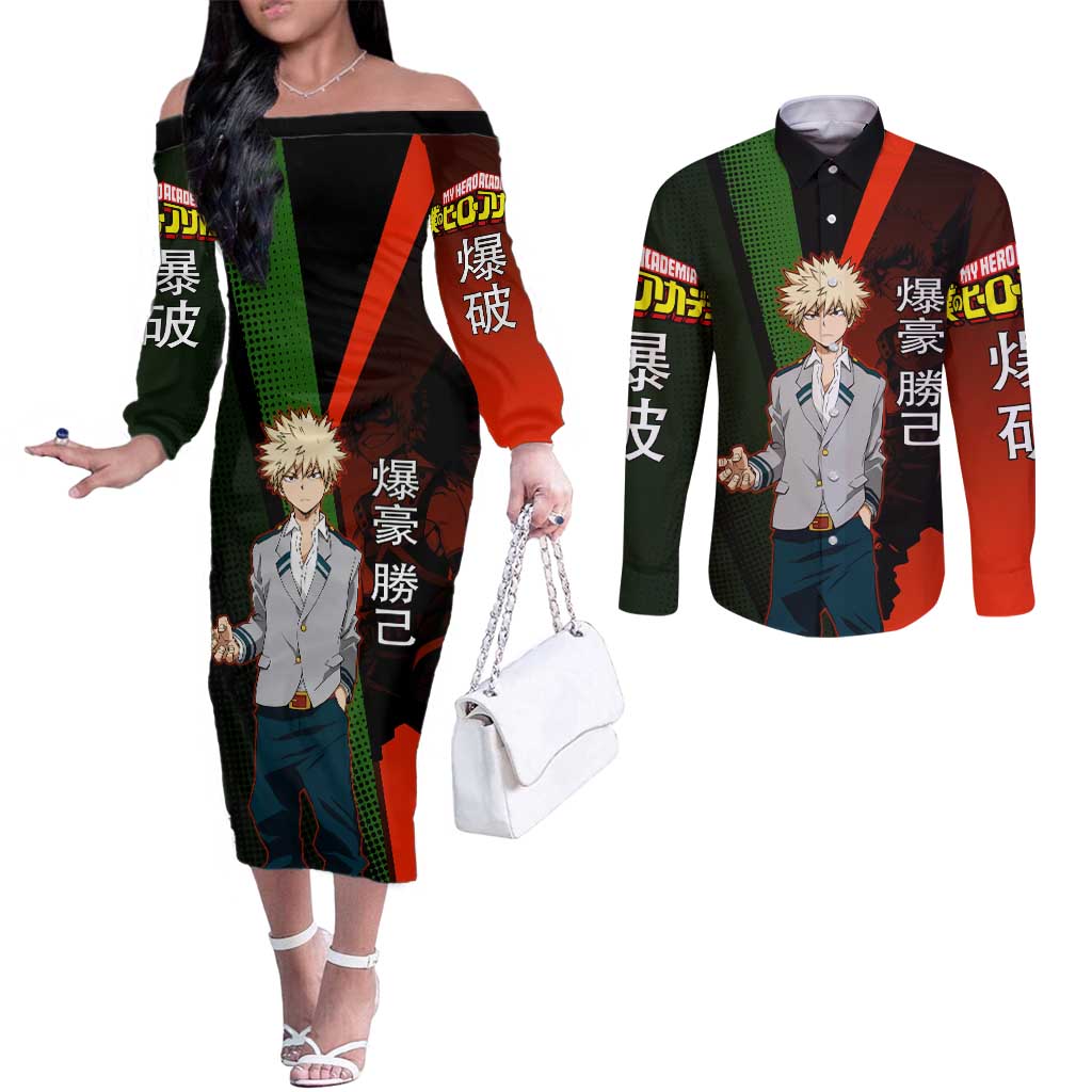 Katsuki Bakugo Dynamight Couples Matching Off The Shoulder Long Sleeve Dress and Long Sleeve Button Shirt Japanese Comic Book Style