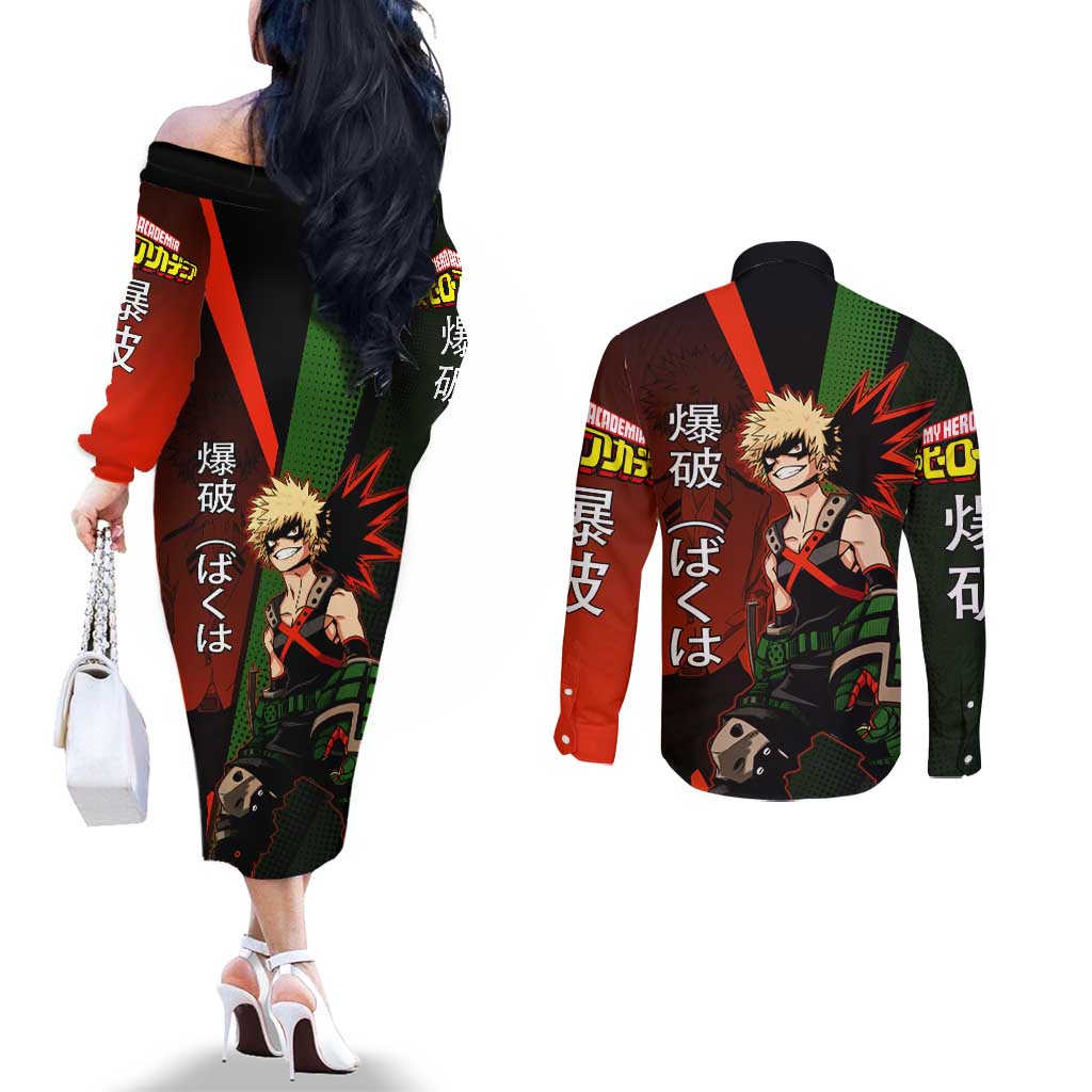 Katsuki Bakugo Dynamight Couples Matching Off The Shoulder Long Sleeve Dress and Long Sleeve Button Shirt Japanese Comic Book Style
