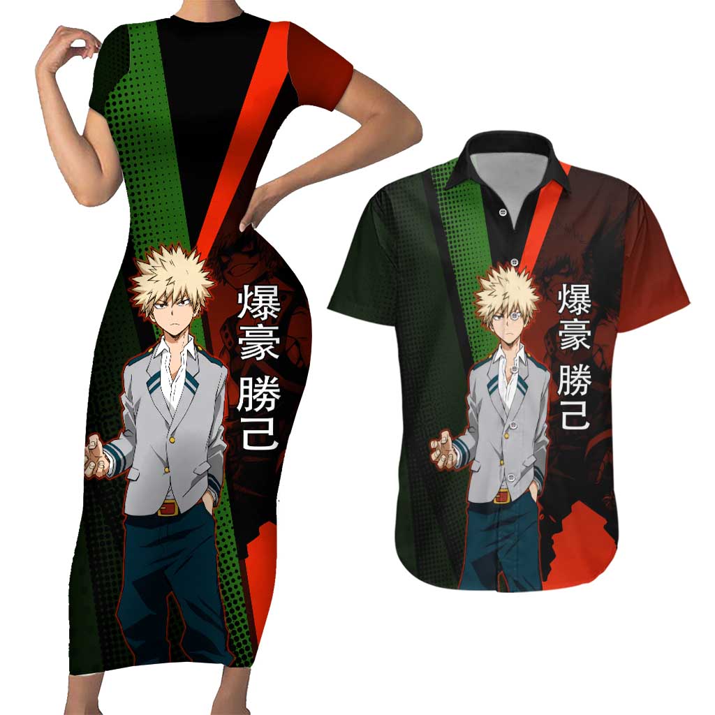 Katsuki Bakugo Dynamight Couples Matching Short Sleeve Bodycon Dress and Hawaiian Shirt Japanese Comic Book Style