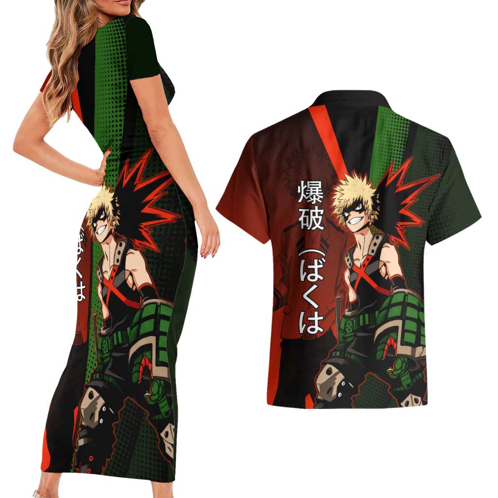 Katsuki Bakugo Dynamight Couples Matching Short Sleeve Bodycon Dress and Hawaiian Shirt Japanese Comic Book Style