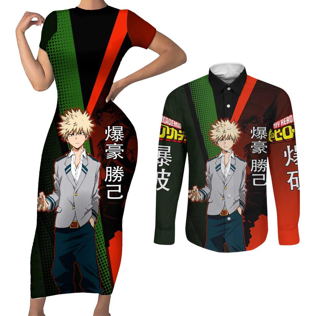 Katsuki Bakugo Dynamight Couples Matching Short Sleeve Bodycon Dress and Long Sleeve Button Shirt Japanese Comic Book Style