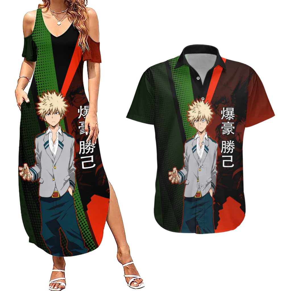 Katsuki Bakugo Dynamight Couples Matching Summer Maxi Dress and Hawaiian Shirt Japanese Comic Book Style