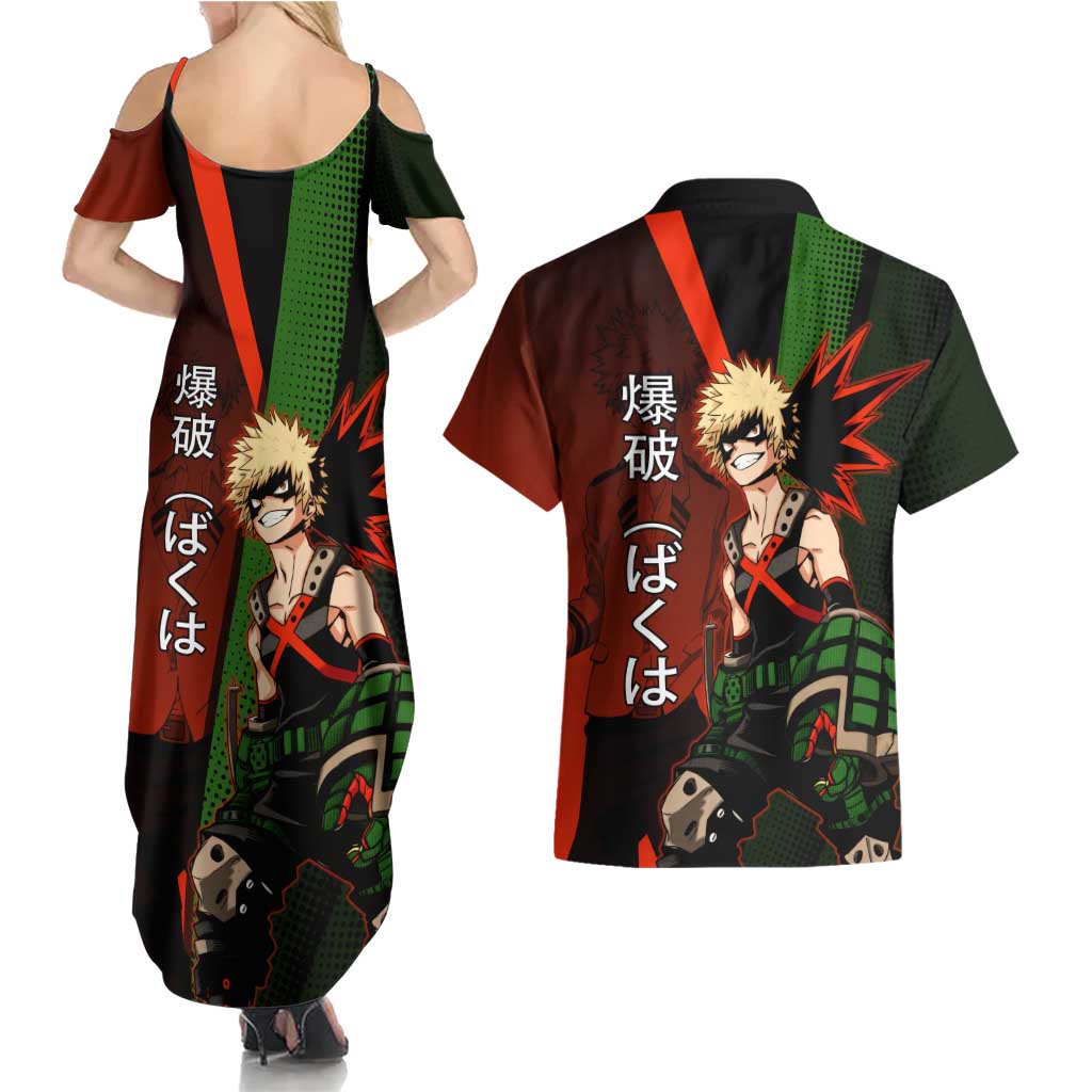 Katsuki Bakugo Dynamight Couples Matching Summer Maxi Dress and Hawaiian Shirt Japanese Comic Book Style