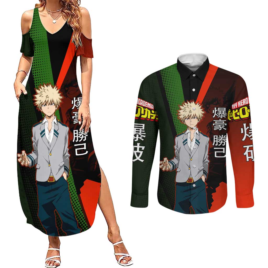 Katsuki Bakugo Dynamight Couples Matching Summer Maxi Dress and Long Sleeve Button Shirt Japanese Comic Book Style