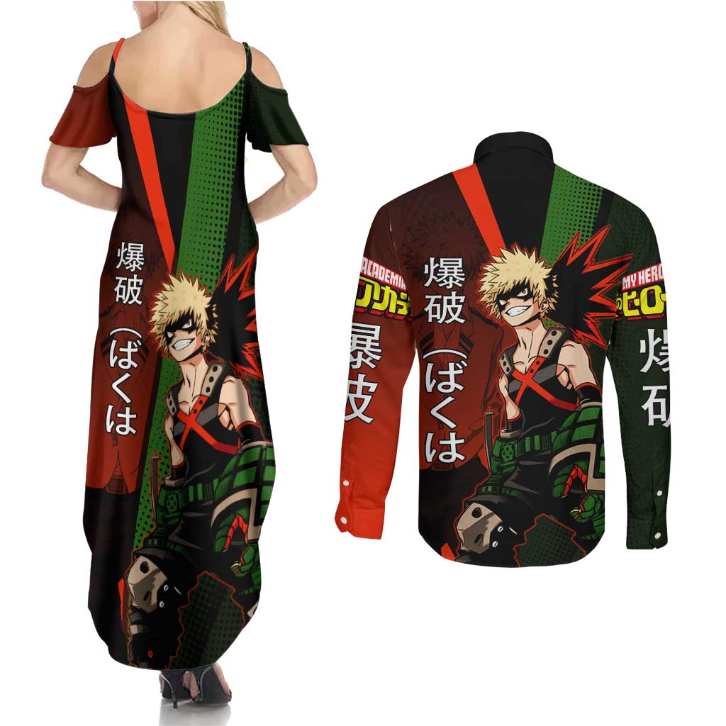 Katsuki Bakugo Dynamight Couples Matching Summer Maxi Dress and Long Sleeve Button Shirt Japanese Comic Book Style