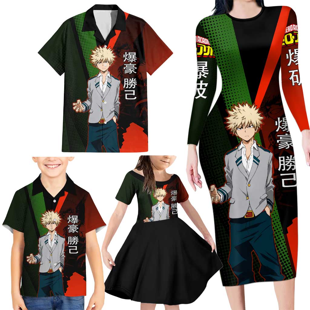 Katsuki Bakugo Dynamight Family Matching Long Sleeve Bodycon Dress and Hawaiian Shirt Japanese Comic Book Style