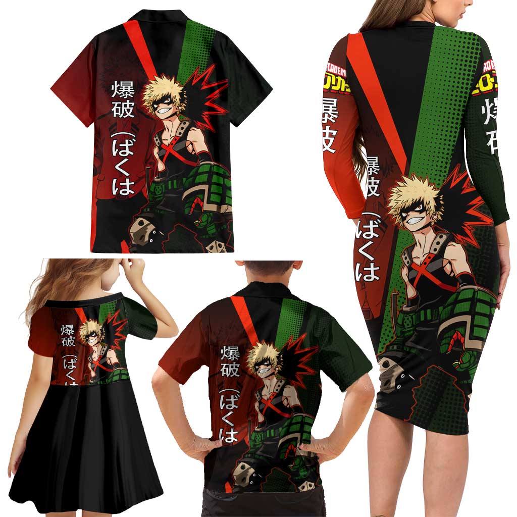 Katsuki Bakugo Dynamight Family Matching Long Sleeve Bodycon Dress and Hawaiian Shirt Japanese Comic Book Style