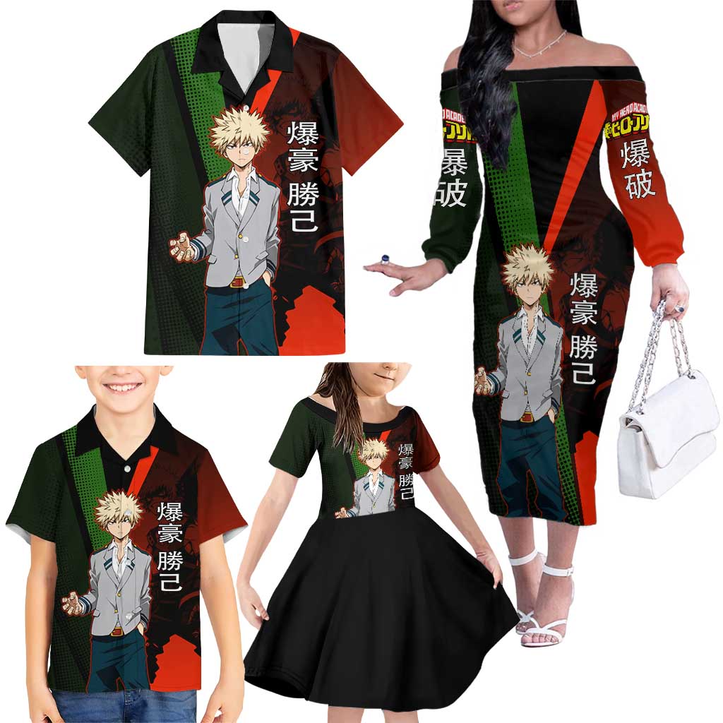 Katsuki Bakugo Dynamight Family Matching Off The Shoulder Long Sleeve Dress and Hawaiian Shirt Japanese Comic Book Style