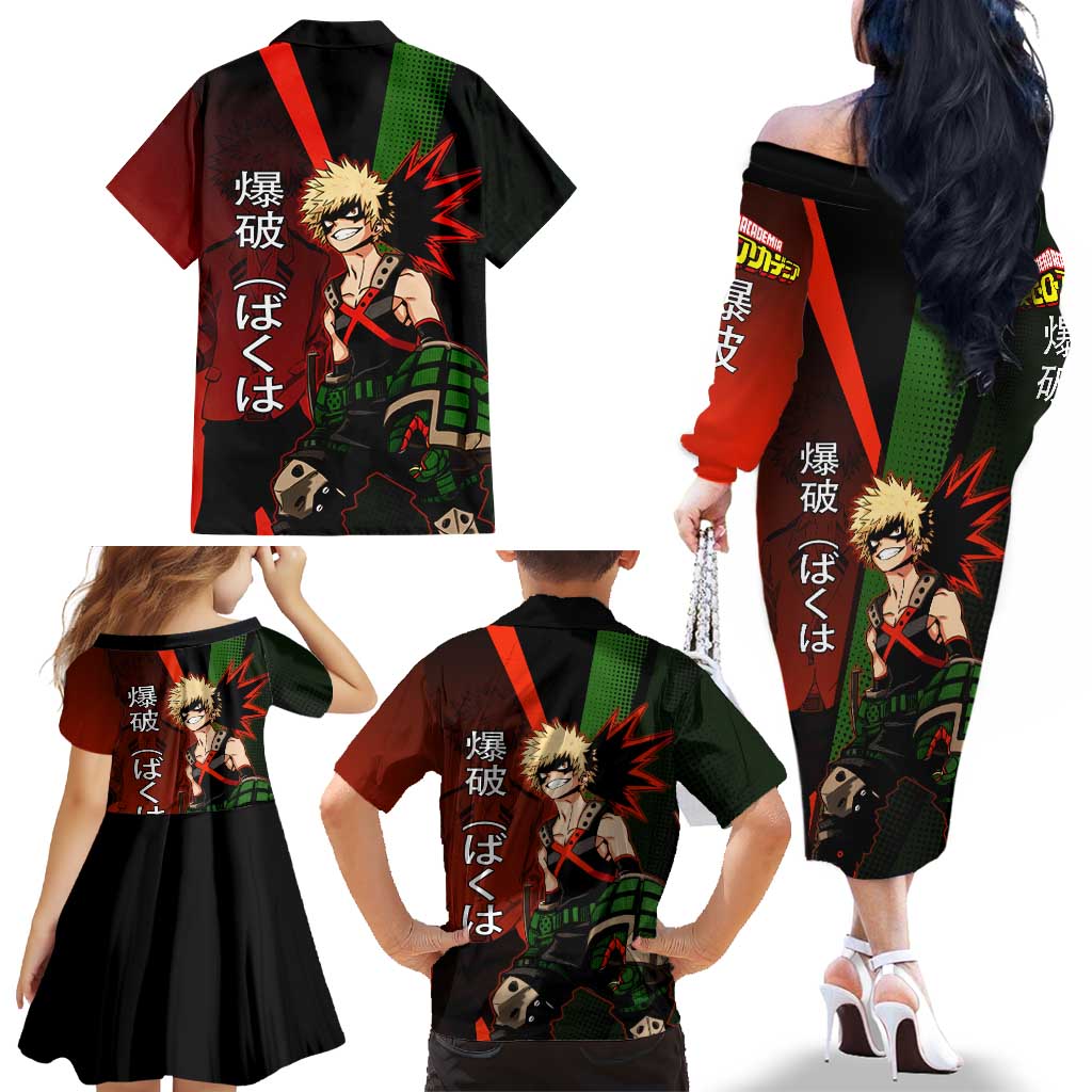 Katsuki Bakugo Dynamight Family Matching Off The Shoulder Long Sleeve Dress and Hawaiian Shirt Japanese Comic Book Style