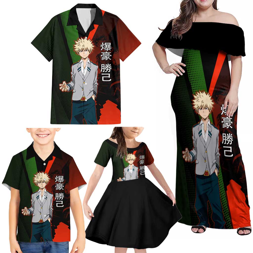 Katsuki Bakugo Dynamight Family Matching Off Shoulder Maxi Dress and Hawaiian Shirt Japanese Comic Book Style