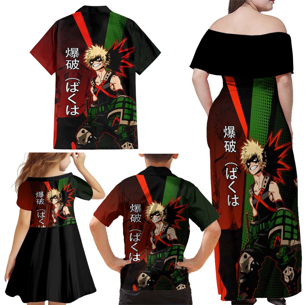 Katsuki Bakugo Dynamight Family Matching Off Shoulder Maxi Dress and Hawaiian Shirt Japanese Comic Book Style