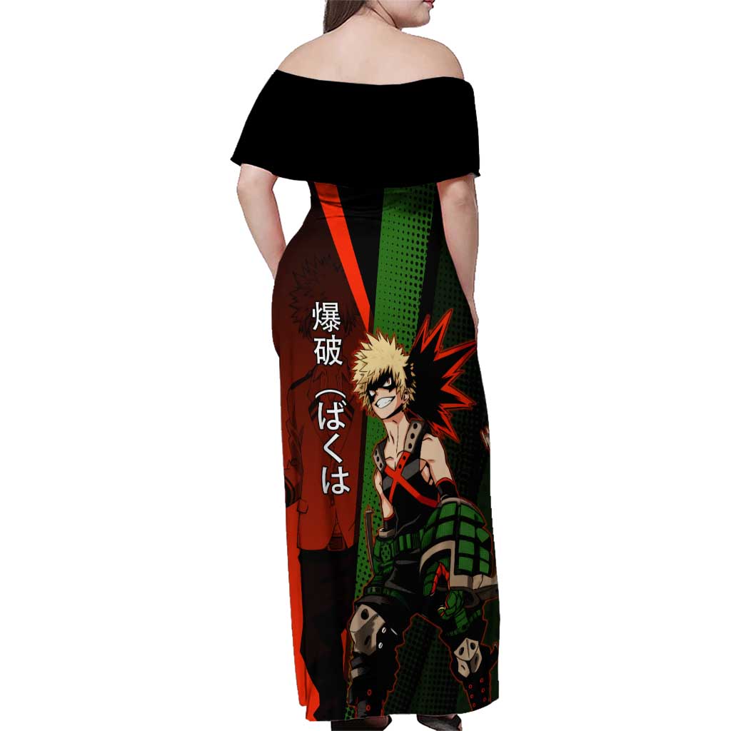 Katsuki Bakugo Dynamight Family Matching Off Shoulder Maxi Dress and Hawaiian Shirt Japanese Comic Book Style