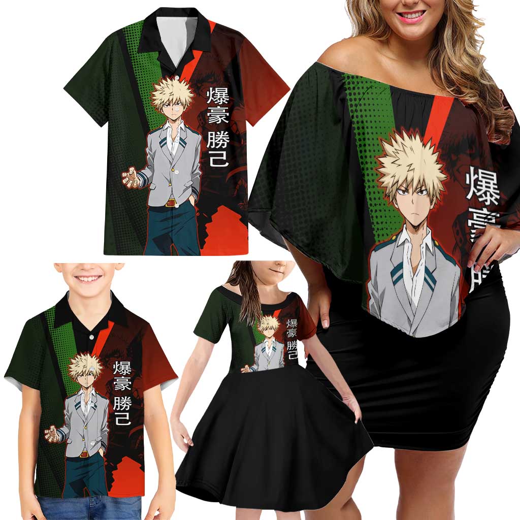 Katsuki Bakugo Dynamight Family Matching Off Shoulder Short Dress and Hawaiian Shirt Japanese Comic Book Style