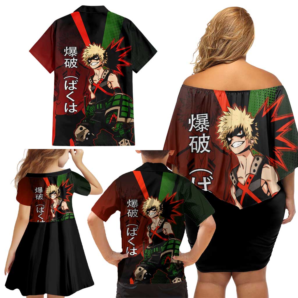 Katsuki Bakugo Dynamight Family Matching Off Shoulder Short Dress and Hawaiian Shirt Japanese Comic Book Style