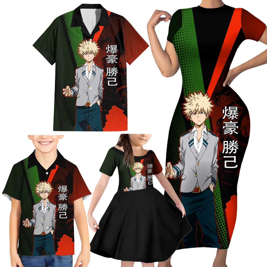 Katsuki Bakugo Dynamight Family Matching Short Sleeve Bodycon Dress and Hawaiian Shirt Japanese Comic Book Style
