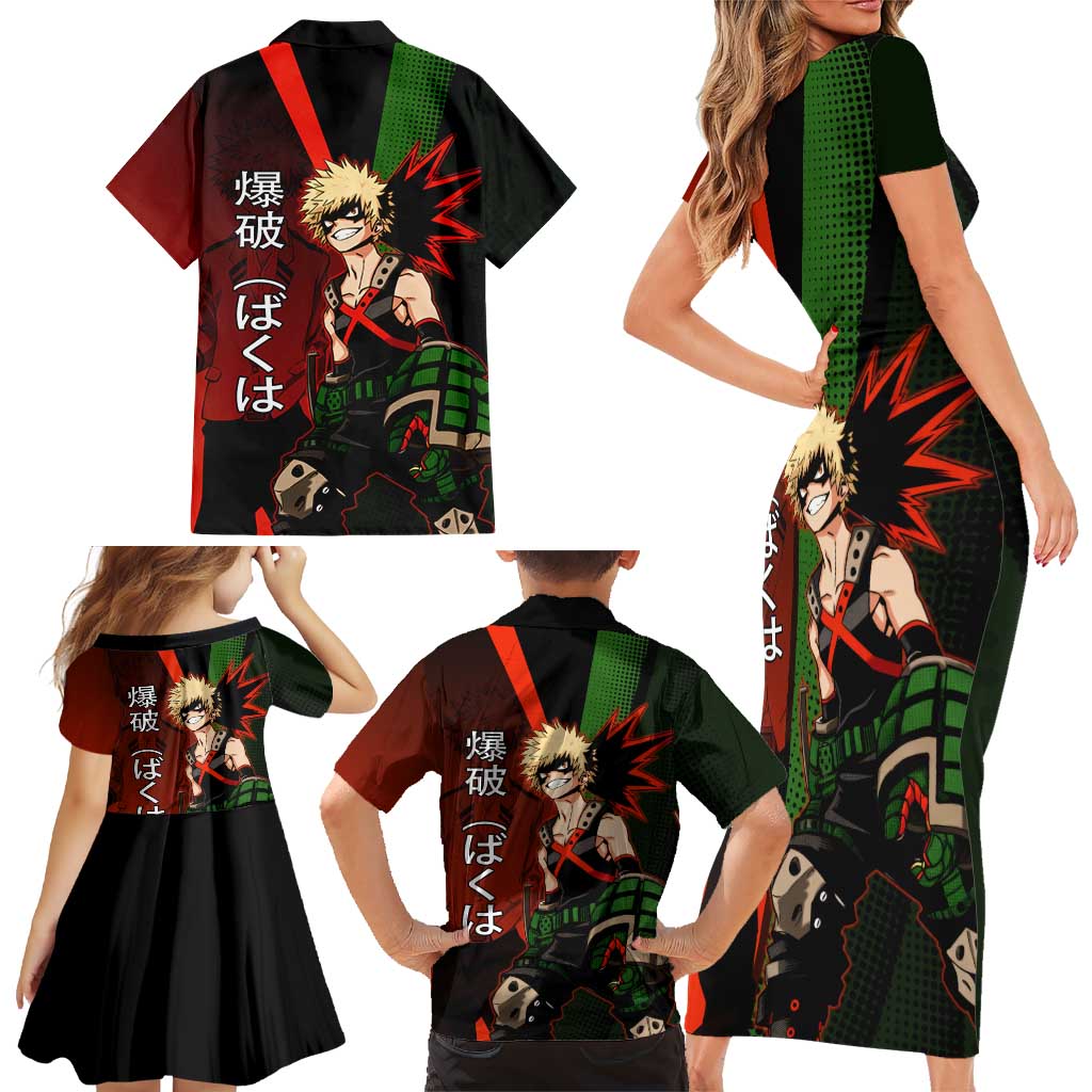 Katsuki Bakugo Dynamight Family Matching Short Sleeve Bodycon Dress and Hawaiian Shirt Japanese Comic Book Style