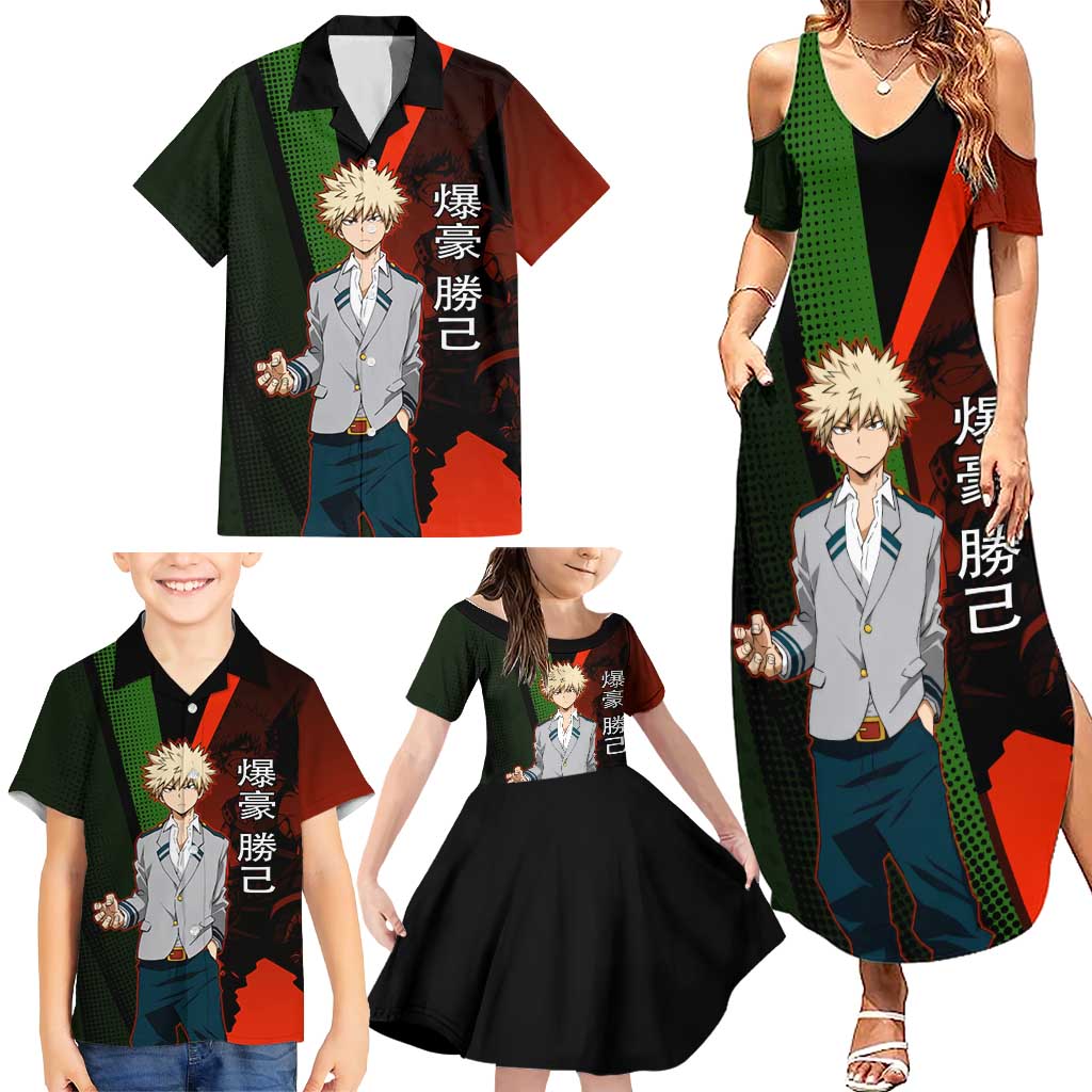 Katsuki Bakugo Dynamight Family Matching Summer Maxi Dress and Hawaiian Shirt Japanese Comic Book Style