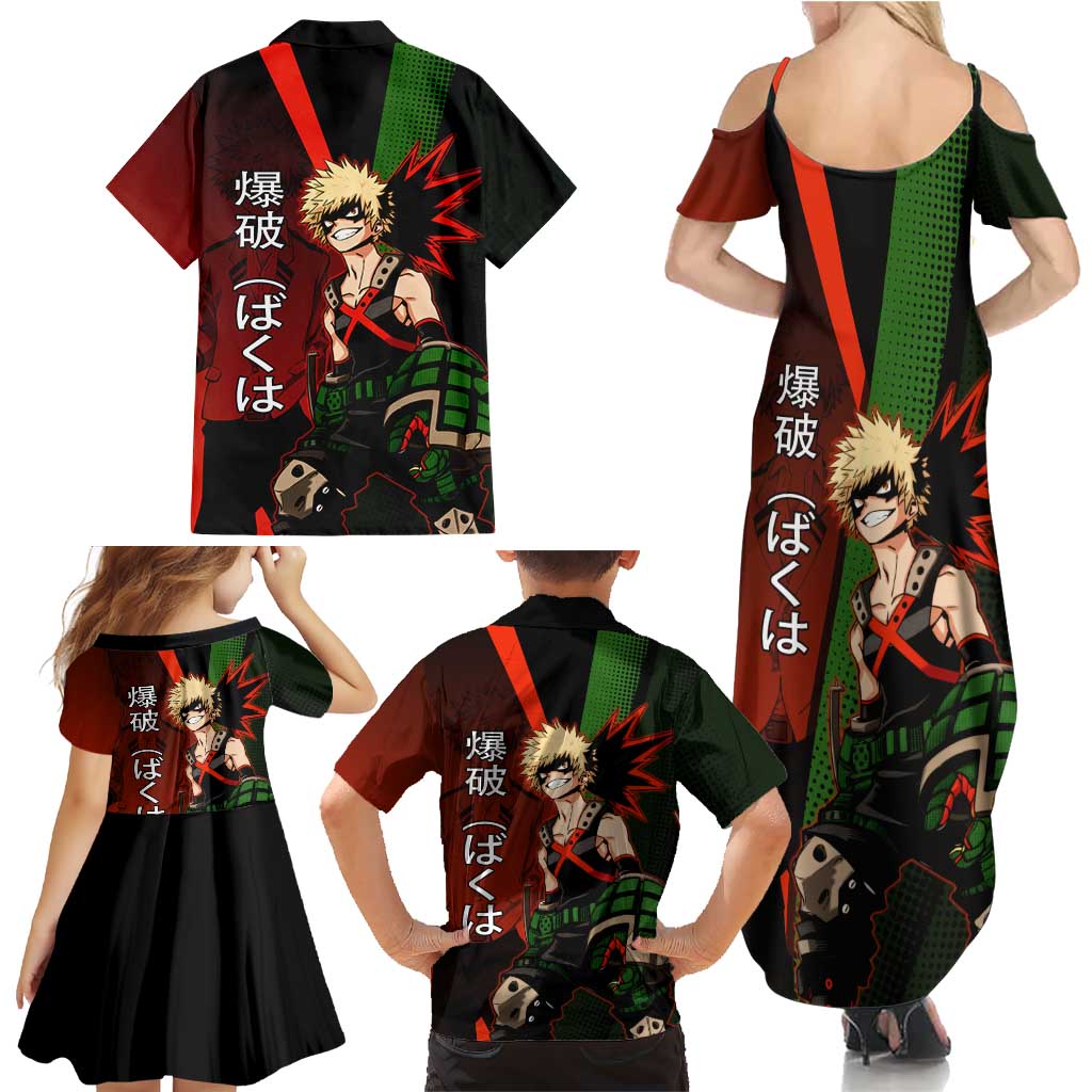 Katsuki Bakugo Dynamight Family Matching Summer Maxi Dress and Hawaiian Shirt Japanese Comic Book Style
