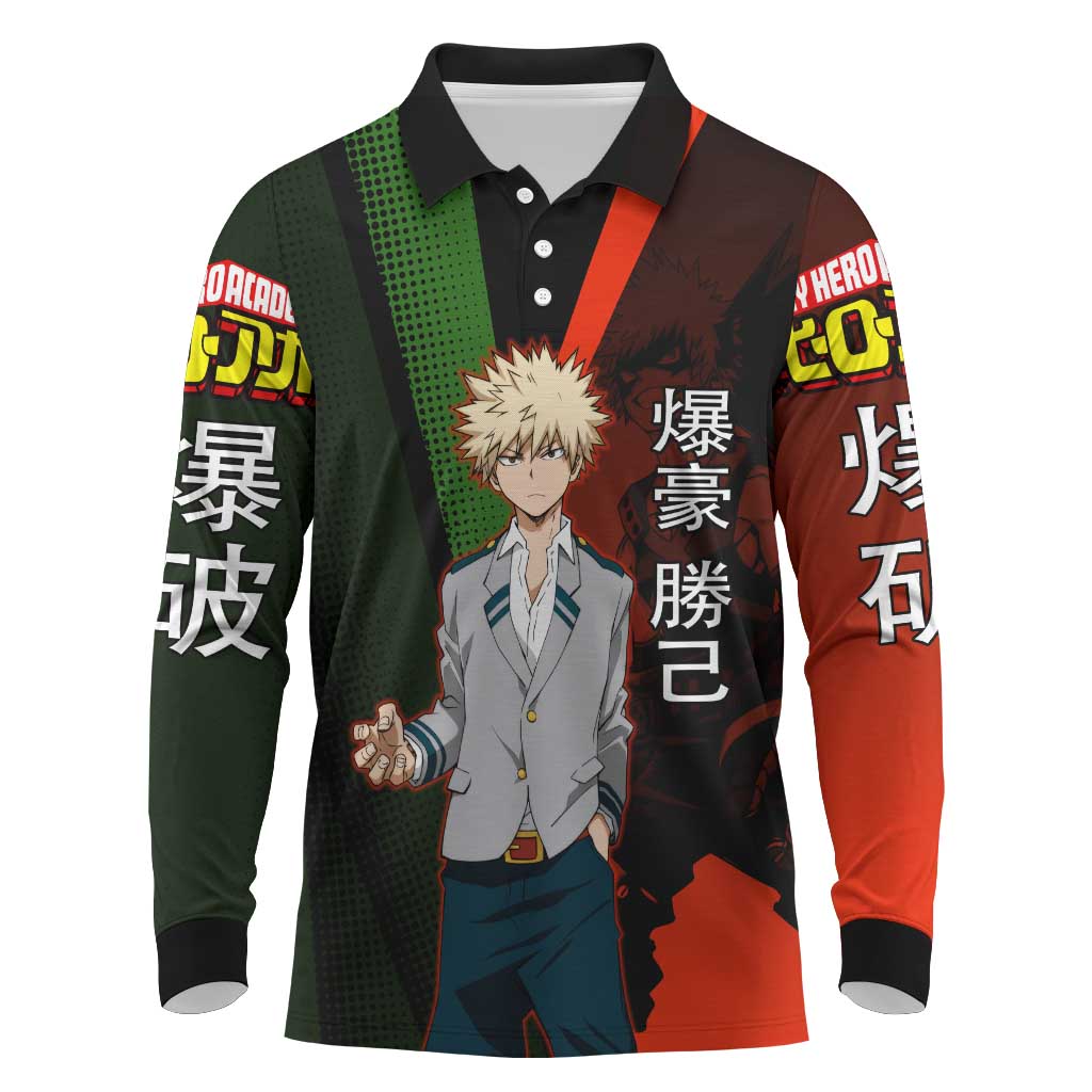 Katsuki Bakugo Dynamight Long Sleeve Polo Shirt Japanese Comic Book Style