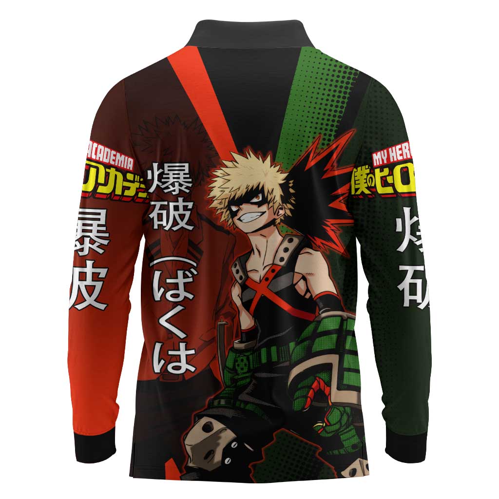 Katsuki Bakugo Dynamight Long Sleeve Polo Shirt Japanese Comic Book Style