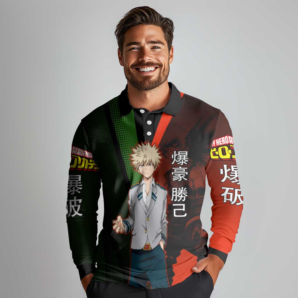 Katsuki Bakugo Dynamight Long Sleeve Polo Shirt Japanese Comic Book Style