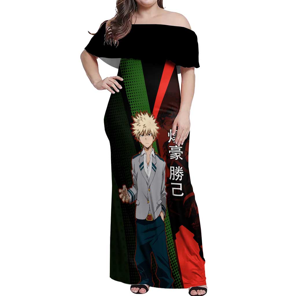 Katsuki Bakugo Dynamight Off Shoulder Maxi Dress Japanese Comic Book Style