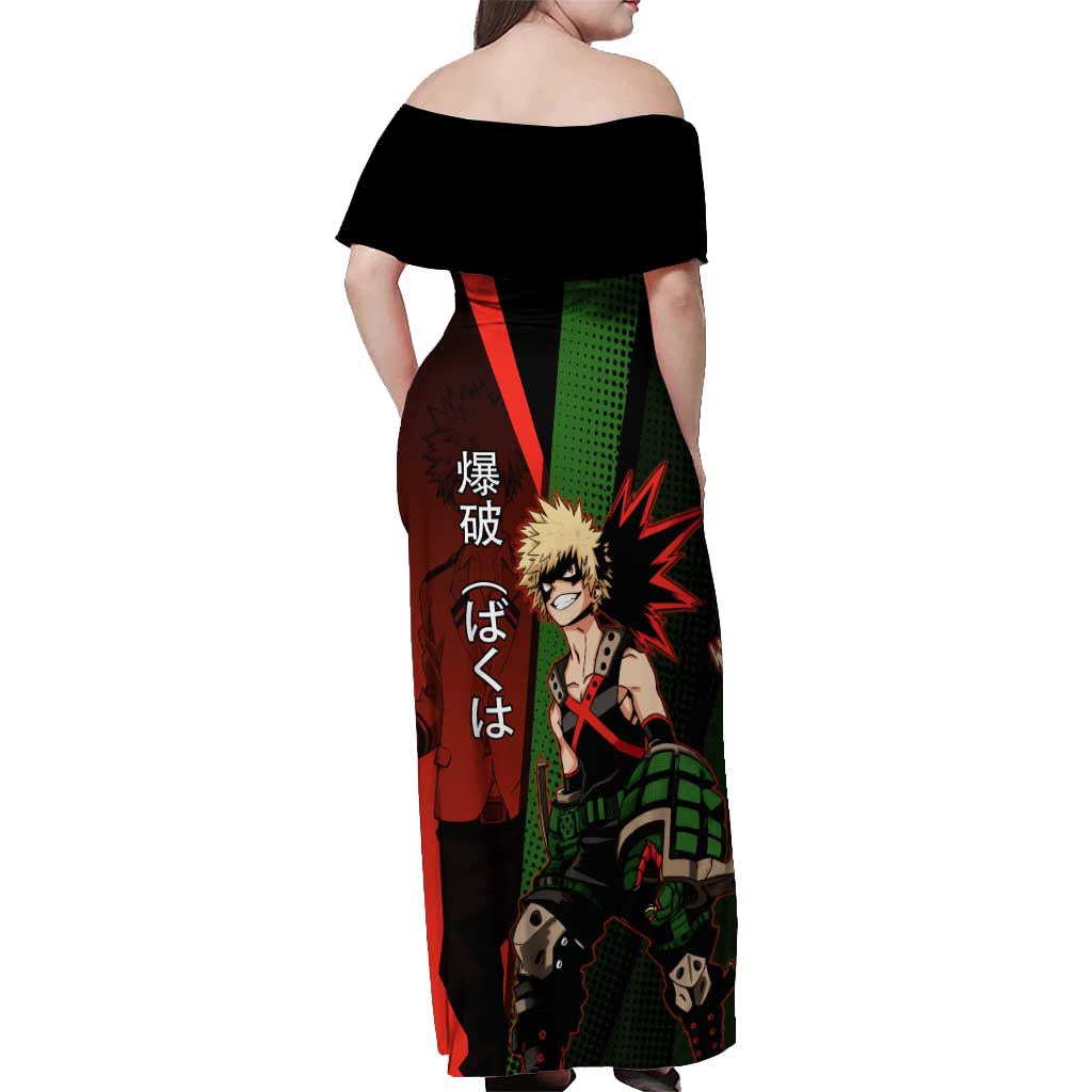 Katsuki Bakugo Dynamight Off Shoulder Maxi Dress Japanese Comic Book Style