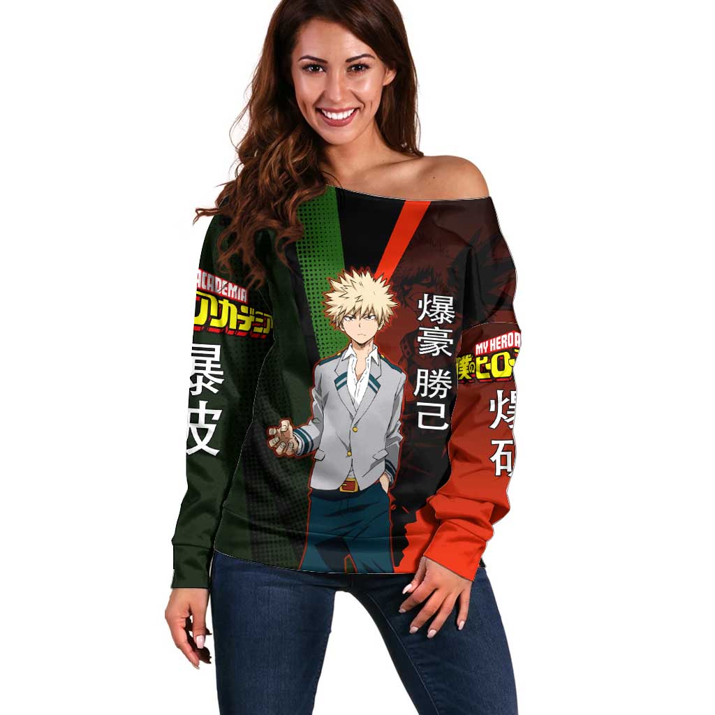 Katsuki Bakugo Dynamight Off Shoulder Sweater Japanese Comic Book Style
