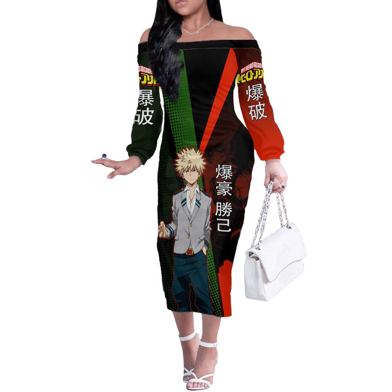 Katsuki Bakugo Dynamight Off The Shoulder Long Sleeve Dress Japanese Comic Book Style