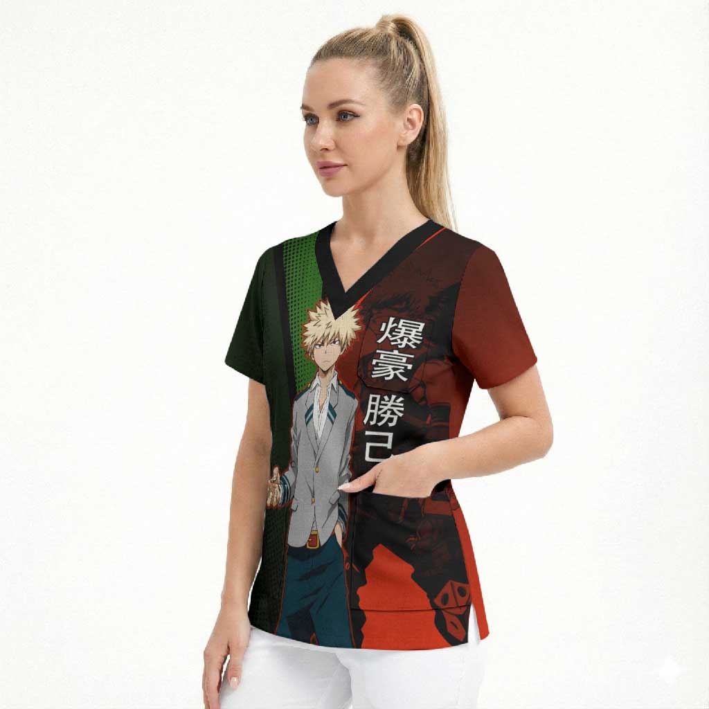 Katsuki Bakugo Dynamight Scrub Top Japanese Comic Book Style