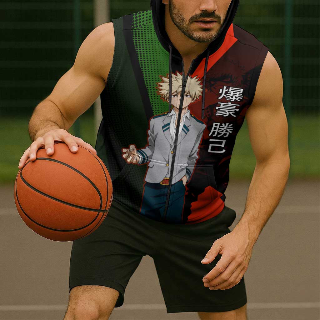 Katsuki Bakugo Dynamight Sleeveless Zip Hoodie Japanese Comic Book Style