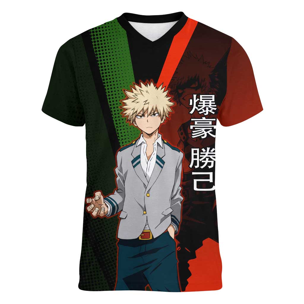 Katsuki Bakugo Dynamight Women V-Neck T-Shirt Japanese Comic Book Style